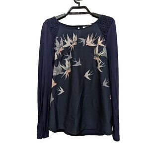 Oasis top size XS blue leaves pullover key hole back lace accents long sleeve